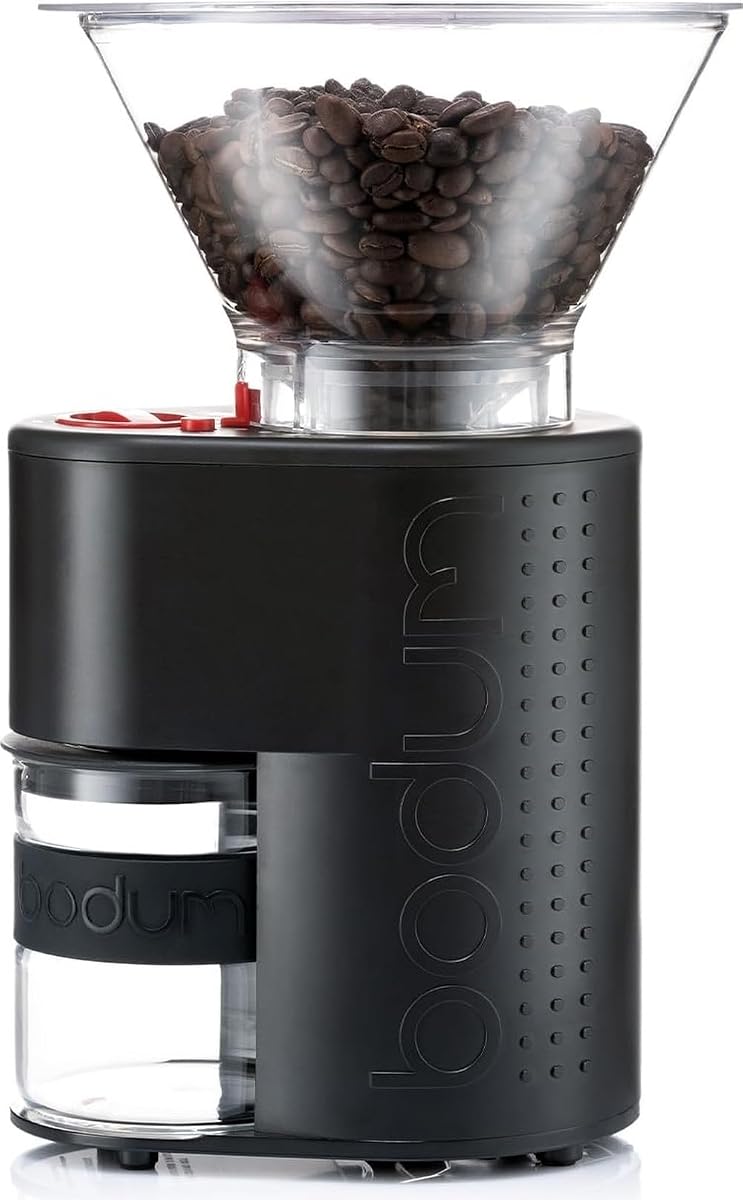 Molinillo de café eléctrico de fresa cónica Bodum Bistro, temporizador preestablecido, 12 ajustes de molienda, negro