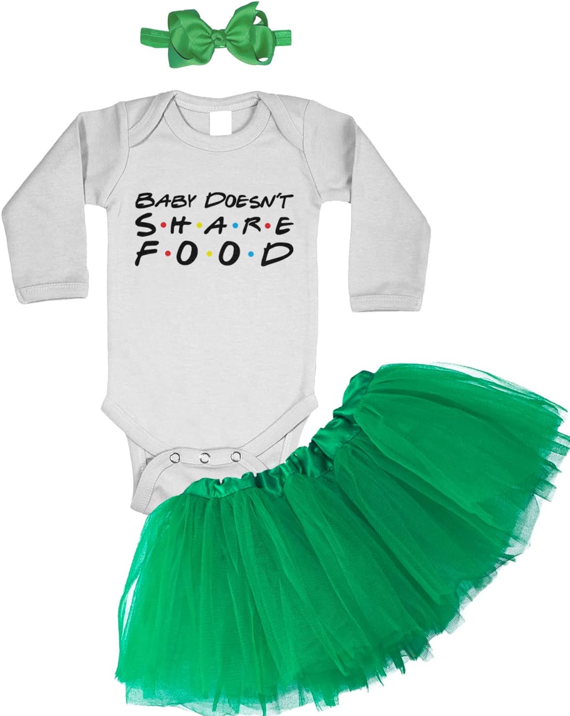 Tcombo Baby Doesn't Share Food - Sitcom Parody Baby Bodysuit + Tutu Skirt + Bow Headband Set