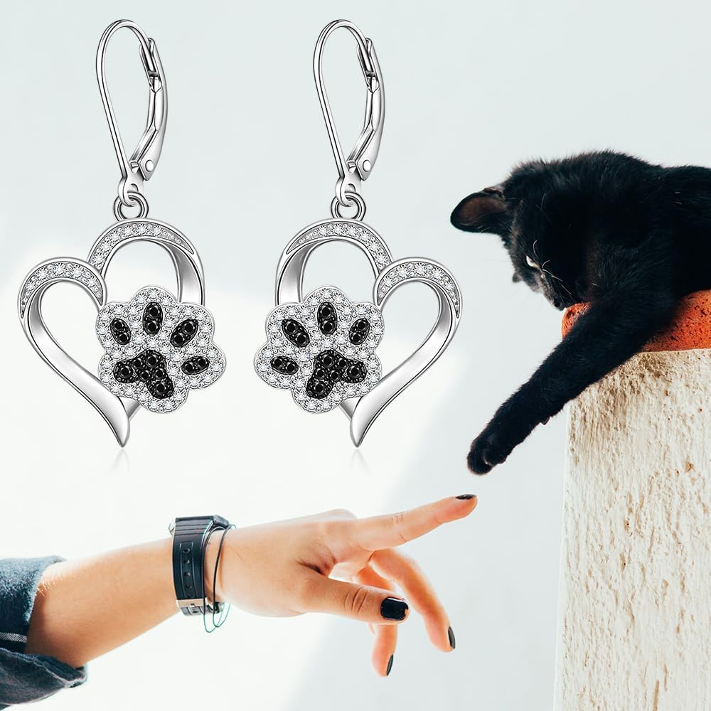 Paw Print Earrings for Women 925 Sterling Silver Heart Dangle Earrings for Women Cubic Zirconia Paw Earrings Gifts for Dog and Cat Lovers