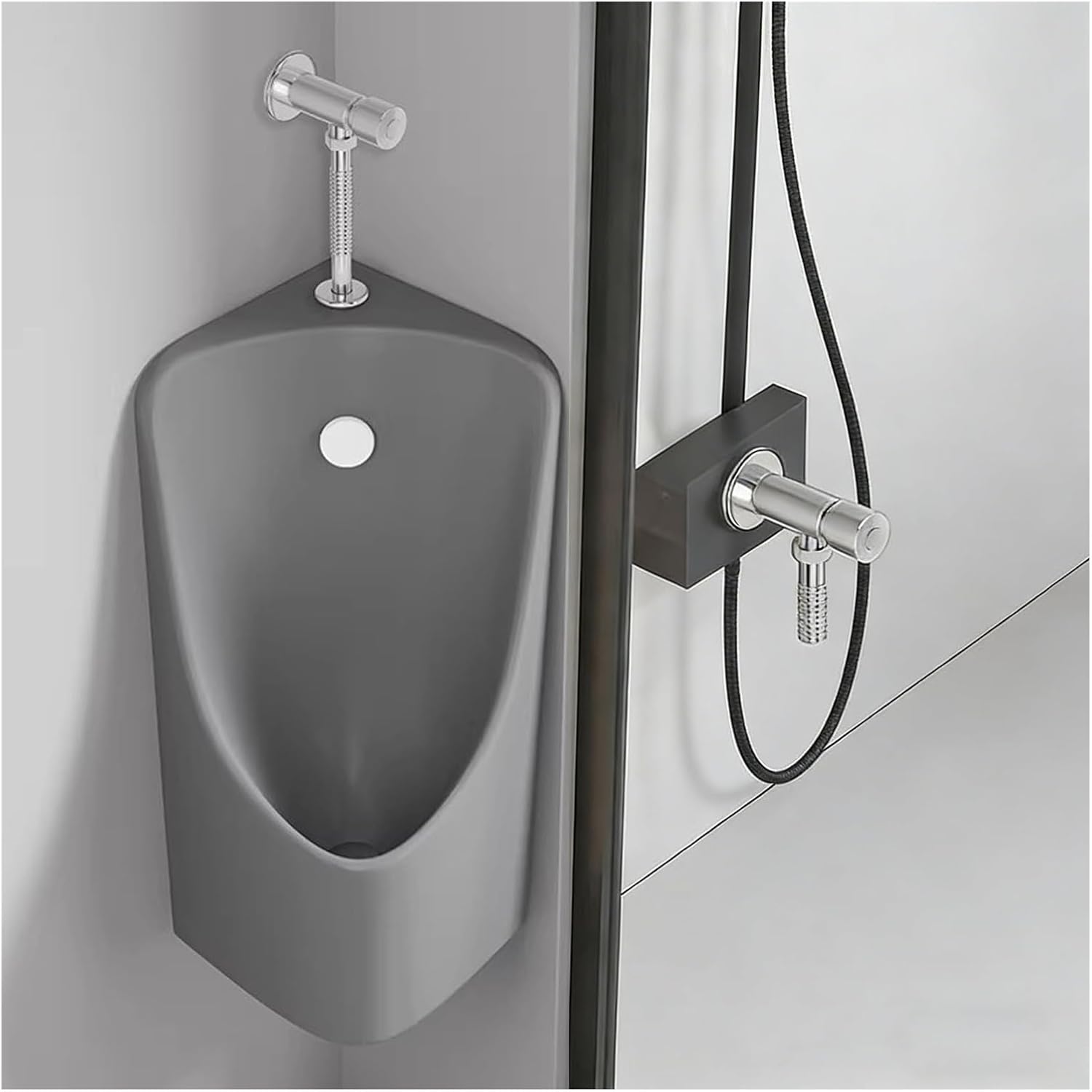 Urinal for Corner, Wall Mounted Flush Men's Urinal with Long Tube, Flushing Male Toilet for Basement Restroom, Easy to Clean(Gray)