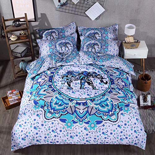 Sandyshow 3PC India Elephant Bedding Full/Queen Bohemia Microfiber Duvet Cover Set, Mandala Design (King, Elephant)