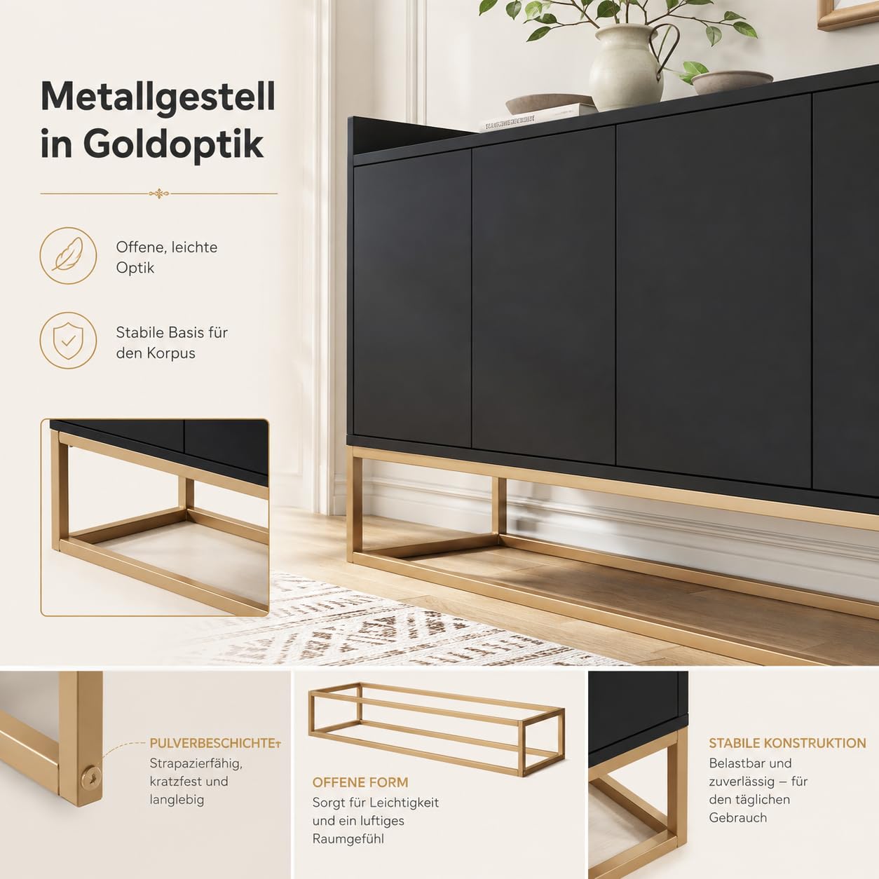Kredens 120 cm, 4 drzwi, bez uchwytów, Push-to-Open, głębokość 30 cm | 3 wkładane półki, jedna z nich z regulacją wysokości, metalowy stelaż w kolorze złotym