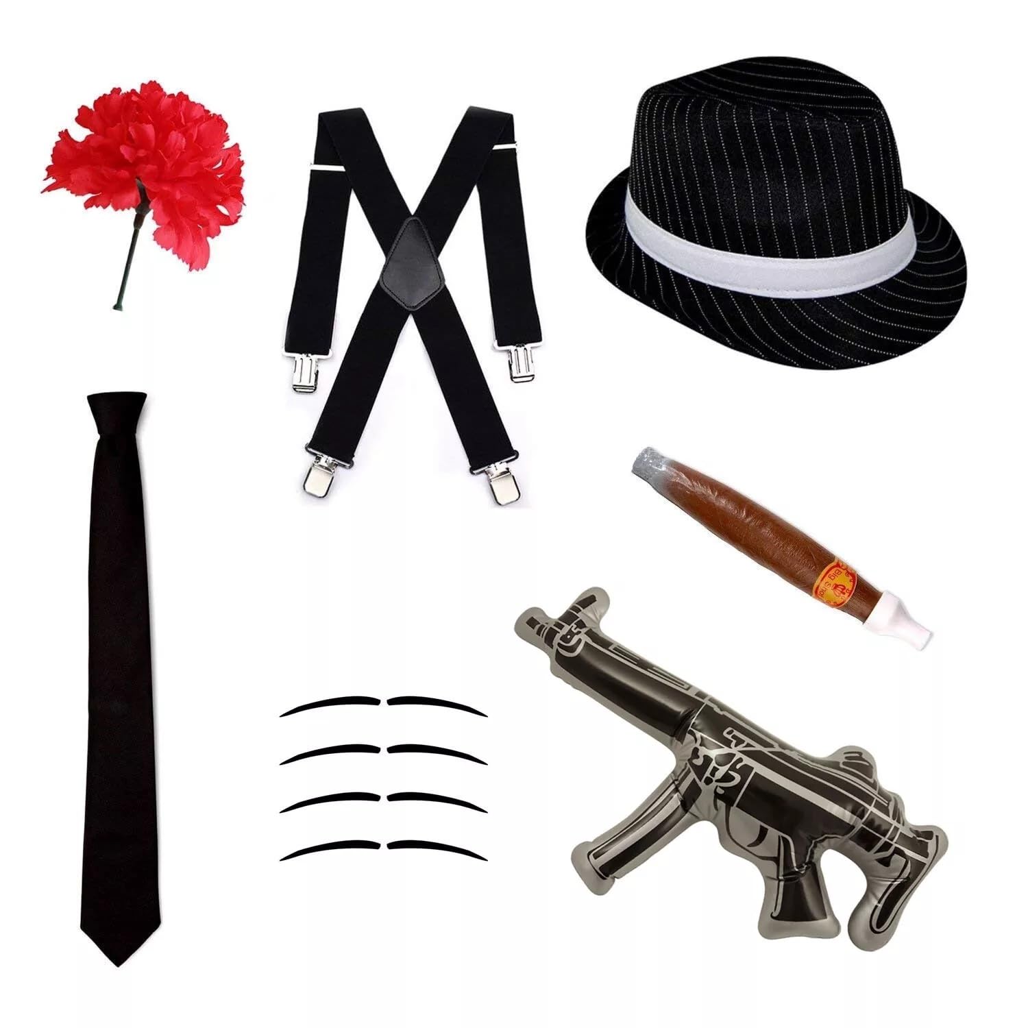 RockParty Gangster Costume Accessory Set 6 Piece 1920s Fancy Dress Kit with Trilby Hat, Tie, Braces, Fake Cigar