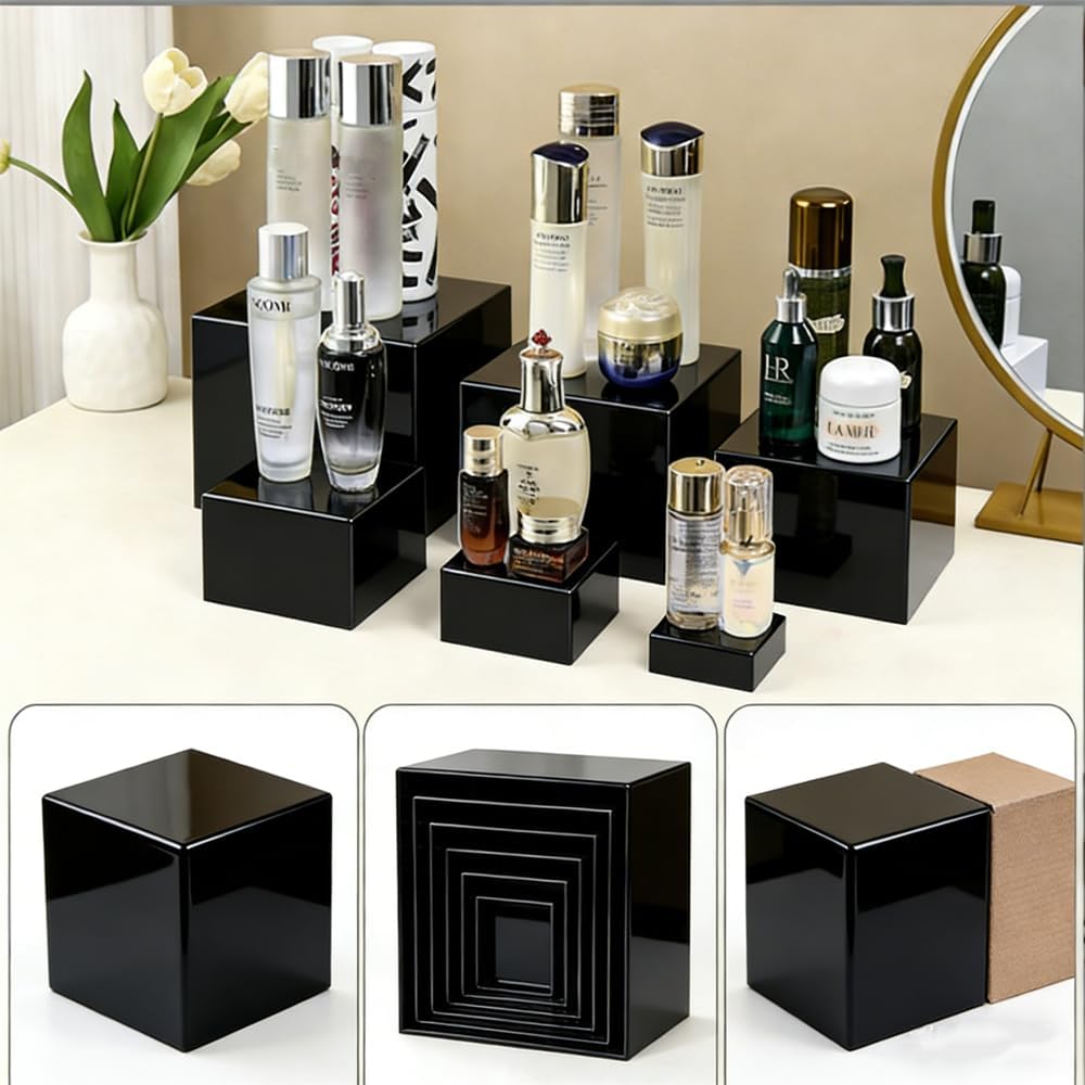 6 Pcs White Acrylic Buffet Risers, Food Display Stands for Cake Dessert Party Catering, Decorative Cube Boxes with Hollow Bottoms, Multi-Height for Jewelry, Collectibles, Cupcakes, Candy (Black)