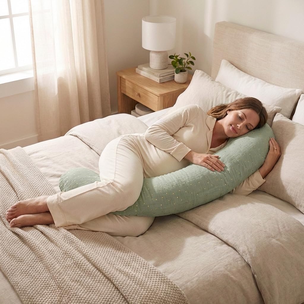 Babysom - Coussin de Maternité 3 en 1 : Grossesse, Allaitement & Repos Bébé - Housse en Double Gaze de Coton Premium - Déhoussable et Lavable - Microfibres Silencieuses - Design Élégant Vert - XXL