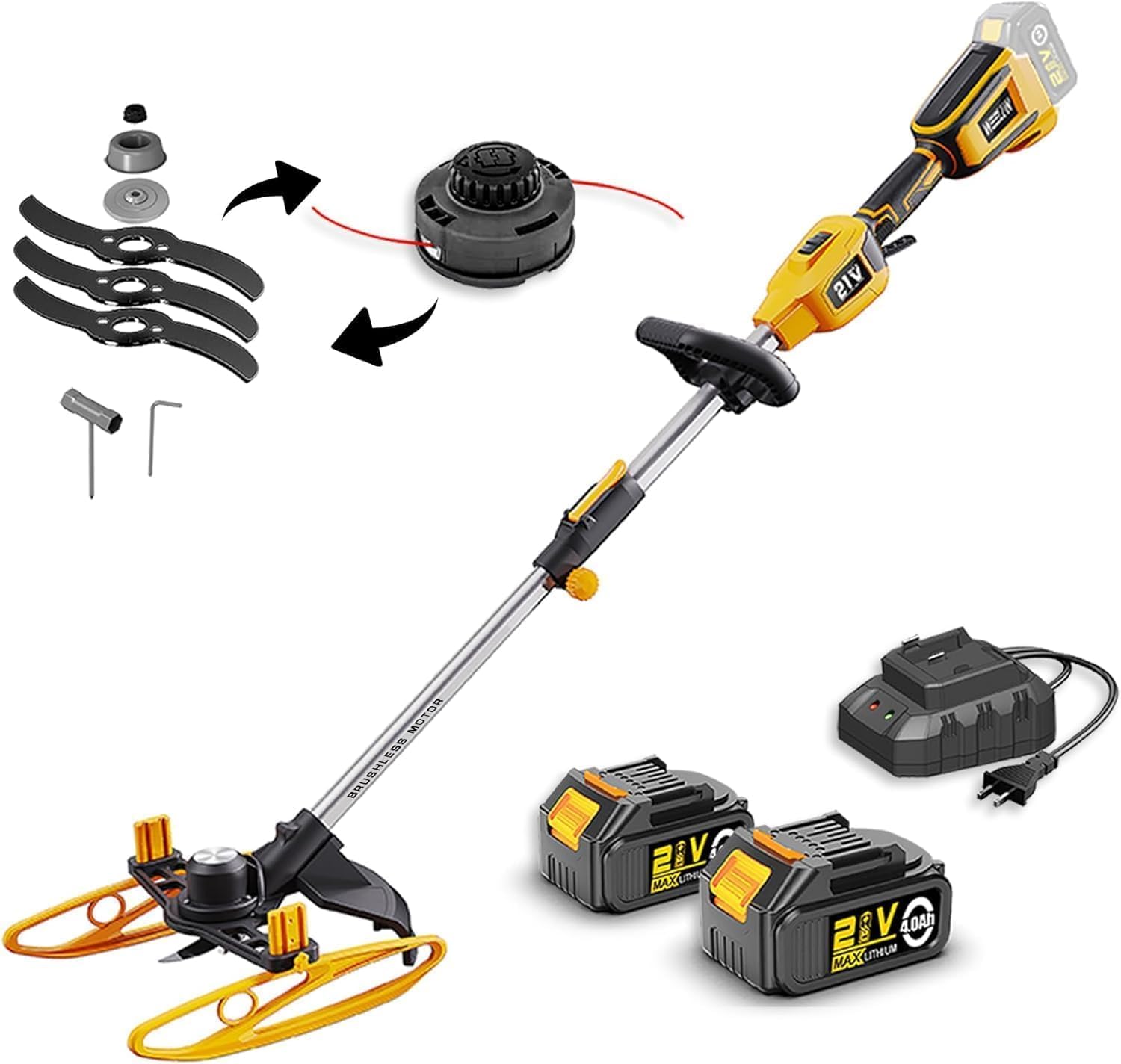 Weed Wacker Cordless & Edger, 13" Brushless 21V String Trimmer Electric and Brush Cutter with Auxiliary Wheels Weed Wacker, 2 x 4.0Ah Battery and Charger, Grass Trimmer for Garden and Yard Lawn Care