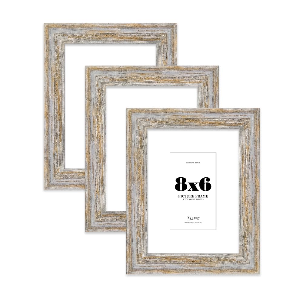 8x6" Walnut Woodgrain Picture Frame with 5x3" Mount - Shabby Chic Photo Frame with Distressed Finish, Wall Hooks and Kickstand, 32mm Edge - 3 Pack