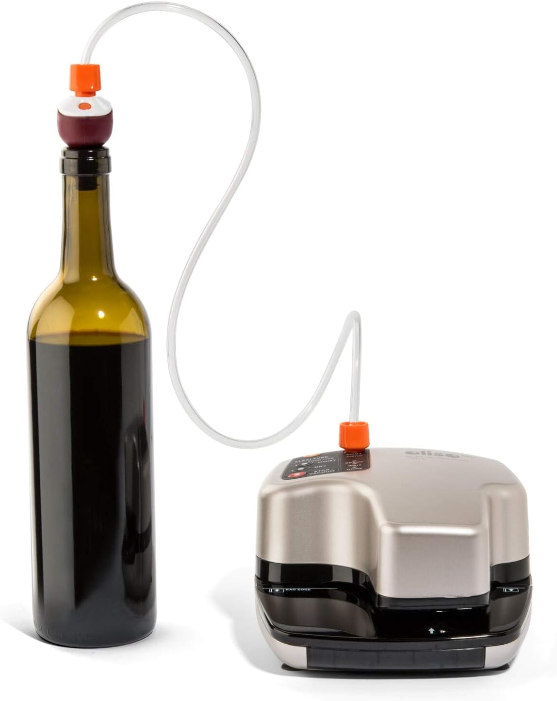 Oliso Pro Smart Vacuum Sealer using Flexi Tube to seal a wine bottle