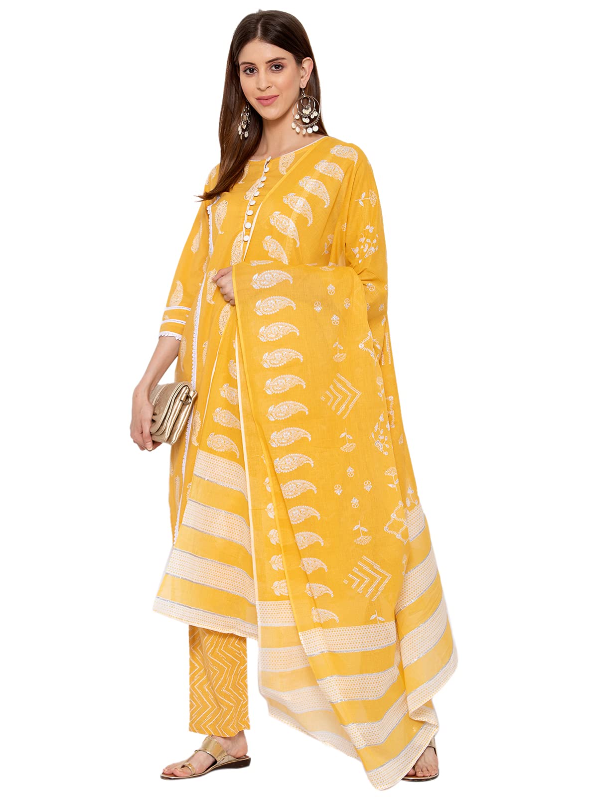 Yuris Women's Yellow & White Printed Kurta With Trouser & Dupatta