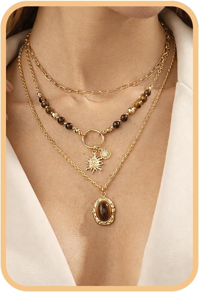 Conjuntos de collares en capas de oro para mujer, 3 piezas de collares de cadena con cuentas de ojo de tigre con dije de sol, colgante ovalado occidental Y2K, estilo bohemio vintage apilable, regalo de joyería de moda