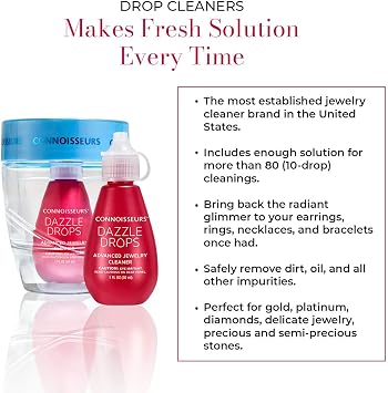 CONNOISSEURS Dazzle Drops Advanced Jewelry Cleaner Concentrate - Makes Fresh Solution Every Time - Includes Dipping Spoon, Brush, and Container