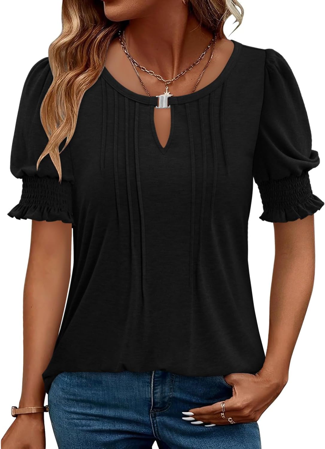 CRAZY GRID Women's Dressy Casual Top Puff Sleeve Summer Shirt Loose Trendy Pleated Blouse