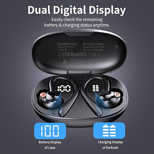 Miniatura 6 de Auriculares inalámbricos Bluetooth 5.3 deportivos Bluetooth 5.3 con 120 horas de reproducción, pantalla de batería LED dual con gancho para la oreja