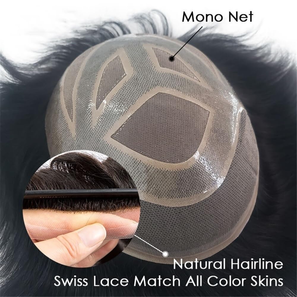 Men's Toupee Parrucca da uomo in capelli umani, traspirante, mono superiore, con perimetro in PU, frontale in pizzo svizzero(2#,6x9)