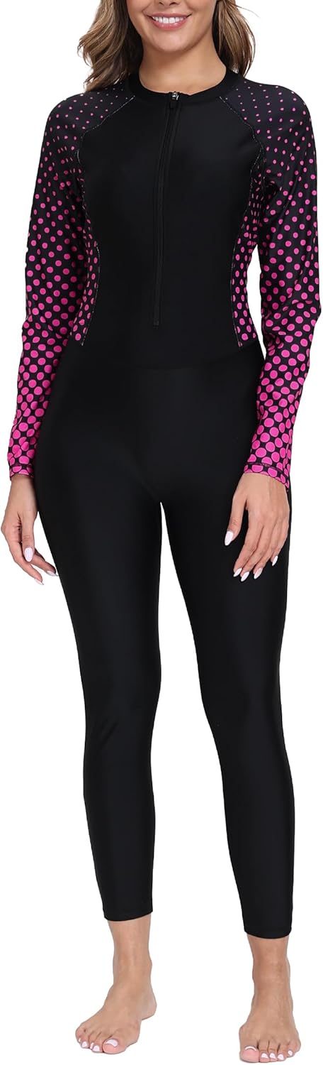 Womens Full Body Rash Guard with Built in Bra Long Sleeve One Piece Swimsuit Upf50+ Zip Front Bathing Suit