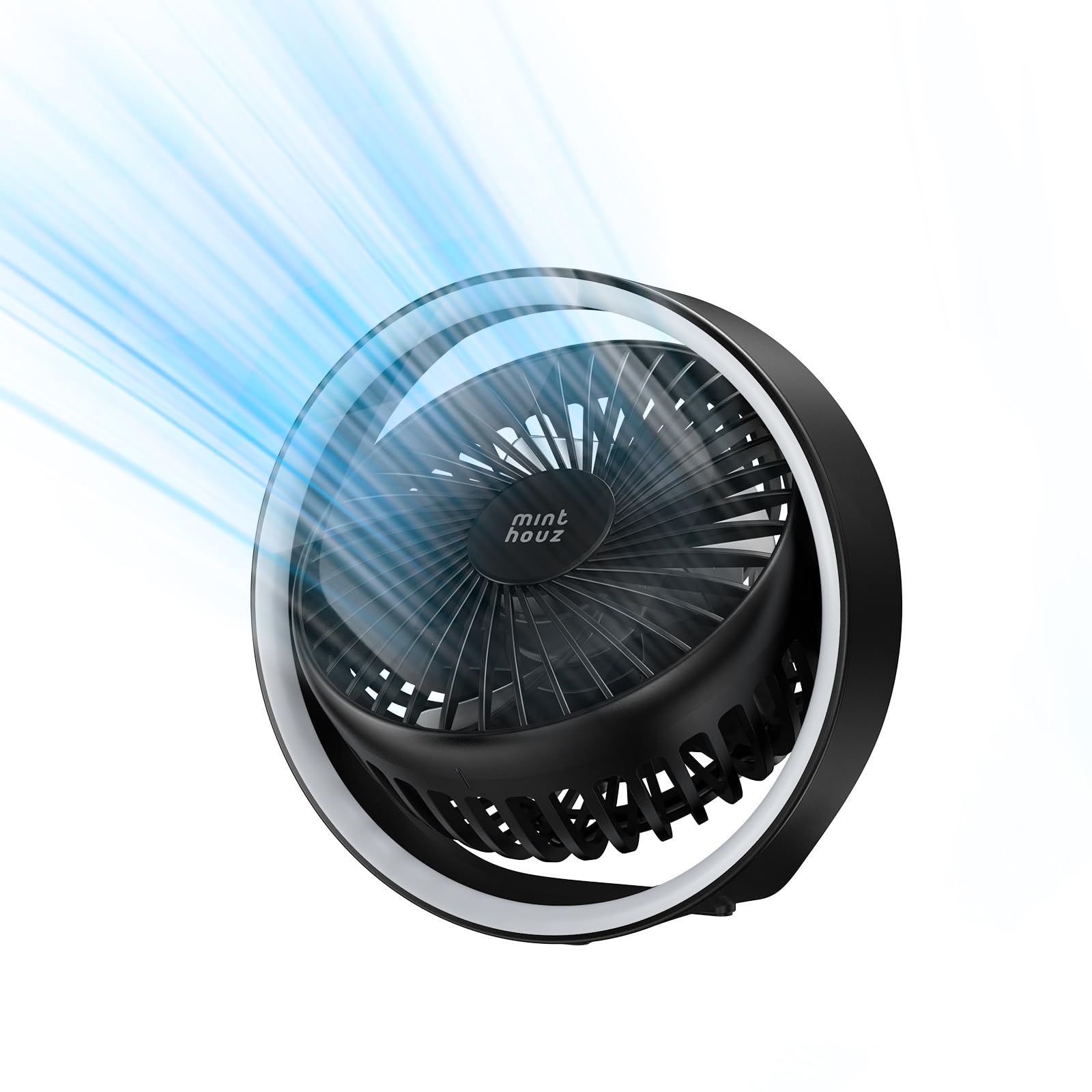 Minthouz Desk Fan, Small USB Rechargeable Fan with 3 Level Light & 3 Speeds, 180° Rotated Silent Mini Fan with Hanging Hook for Bedroom/Office/Outdoor