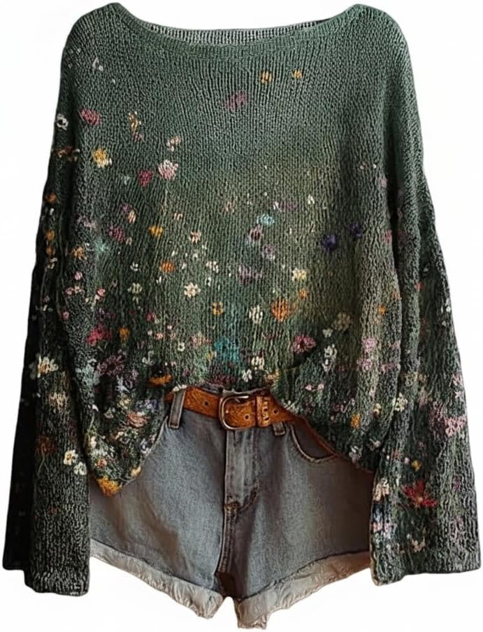 Akivide Womens Cozy Loose Boho Floral Print Lightweight Knit Sweaters Long Sleeve Casual Pullover Jumper Tops Plus Size