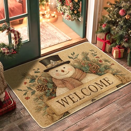 Zerbino con pupazzo di neve, invernale, rustico, pigne agrifoglio, marrone, lavabile, a basso profilo, decorazione per la casa, per ingresso, portico esterno, balcone, 73 x 43 cm