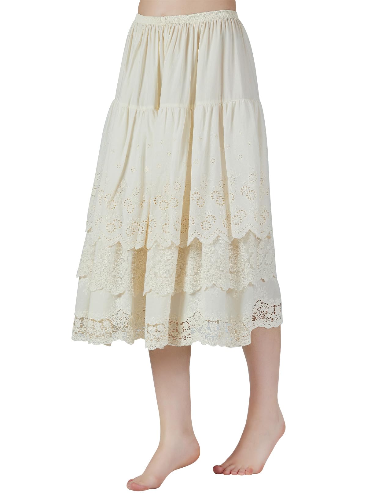BEAUTELICATE Enaguas para Vestidos Larga 100% Algodón Antiestática Combinación para Falda Antideslizante Cintura Elástica Falda Marfil con Encaje Dobladillo