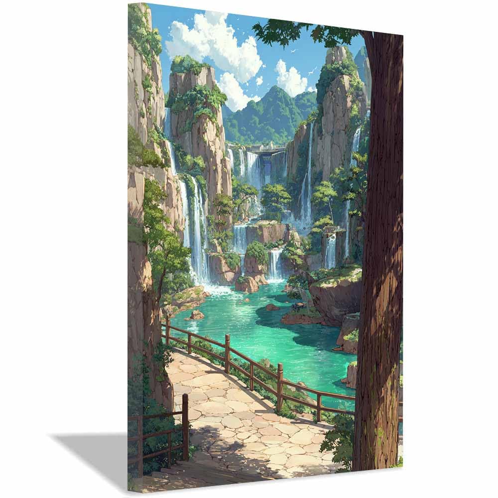 XENIOU Canvas Wall Art Mountainse Waterfall Trail artwork, wall decoration Living Room Bedroom Hallway Stairs Decoration(Multicolor)-60x90cm Framed