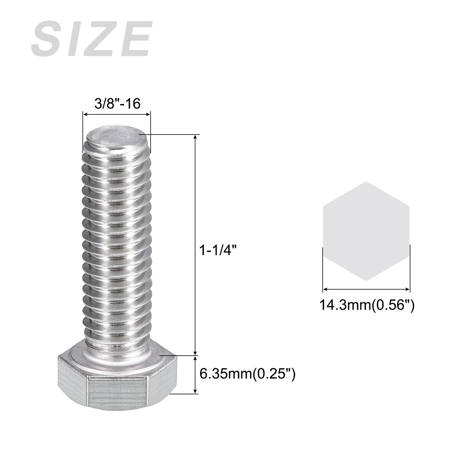 METALLIXITY Hex Head Bolts (3/8-16 x 1-1/4") 10Pcs, 304 Stainless Steel 18-8, Fully Threaded, External Hex Drive - Image 2