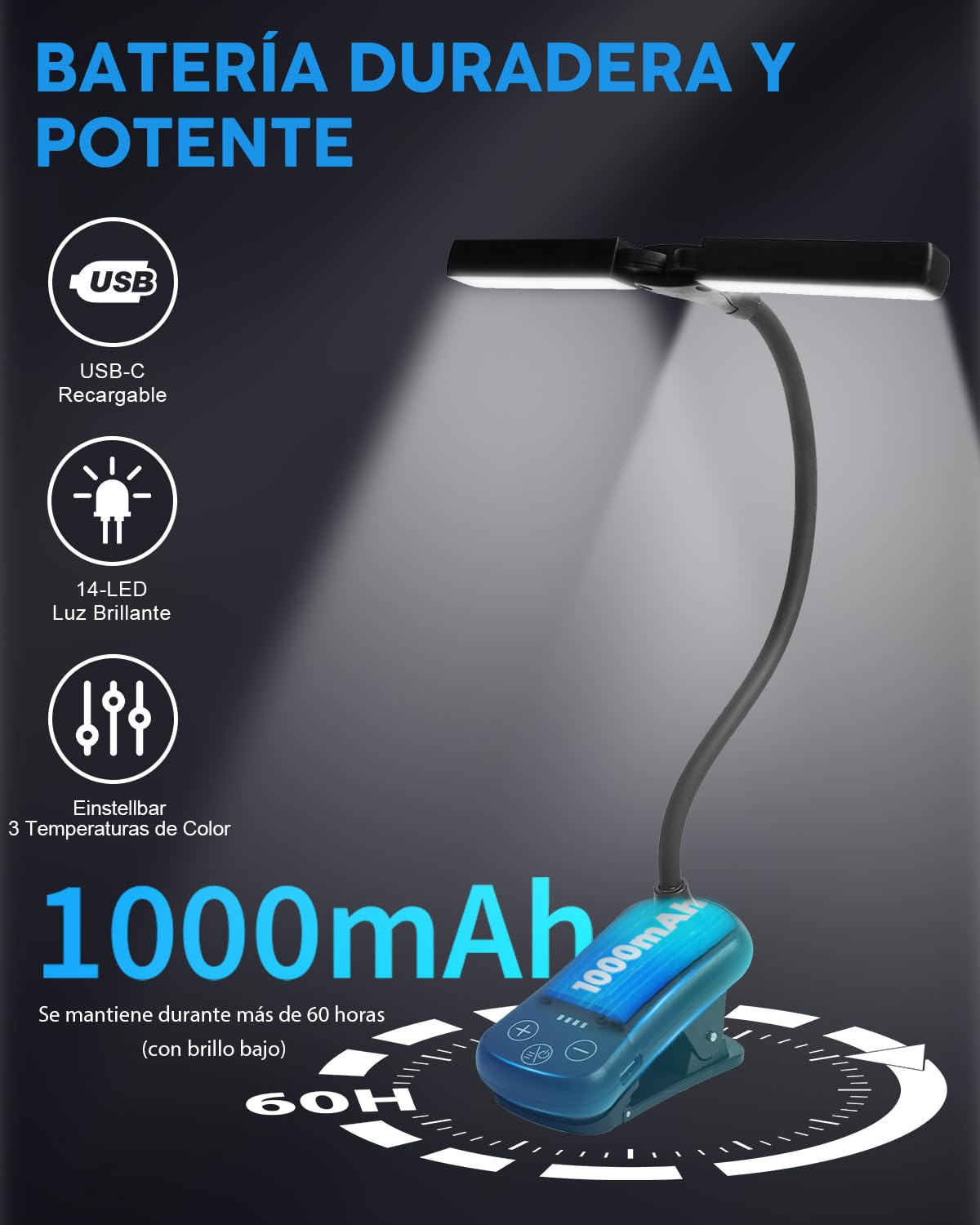 Lampara Atril Musica de Pinza con 3 Color 8 Brillo, 14 LEDs Luz para Atril de Partituras, USB-C Recargable Lampara Lectura Libro para el Piano, Guitarra, Partituras, Luz Libro Lectura
