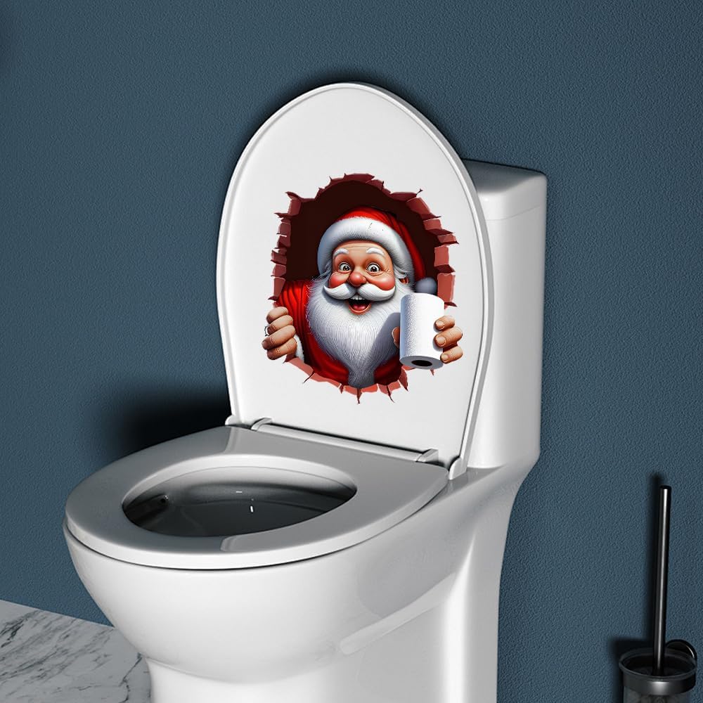 Christmas Toilet Sticker Santa Claus Reindeer Elf Toilet Seat Cover Decal Waterproof Christmas Crack Toilet Seat Lid Decal Snowman Elk Washroom Decoration (Smiling Santa Claus)