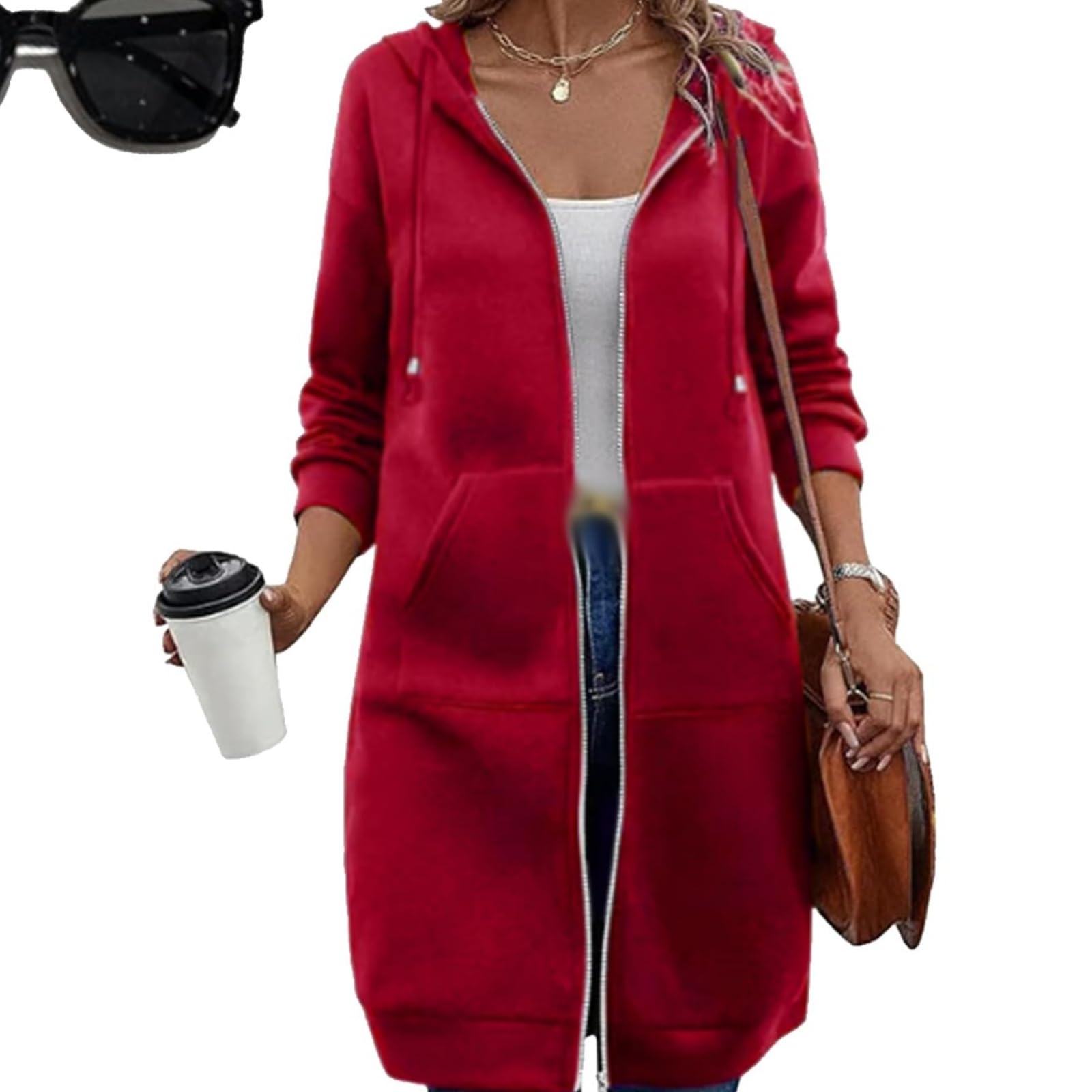 Generisch Felpa con cappuccio, lunga tunica, maglione casual in pile con cerniera, da donna, con tasche laterali, taglie forti