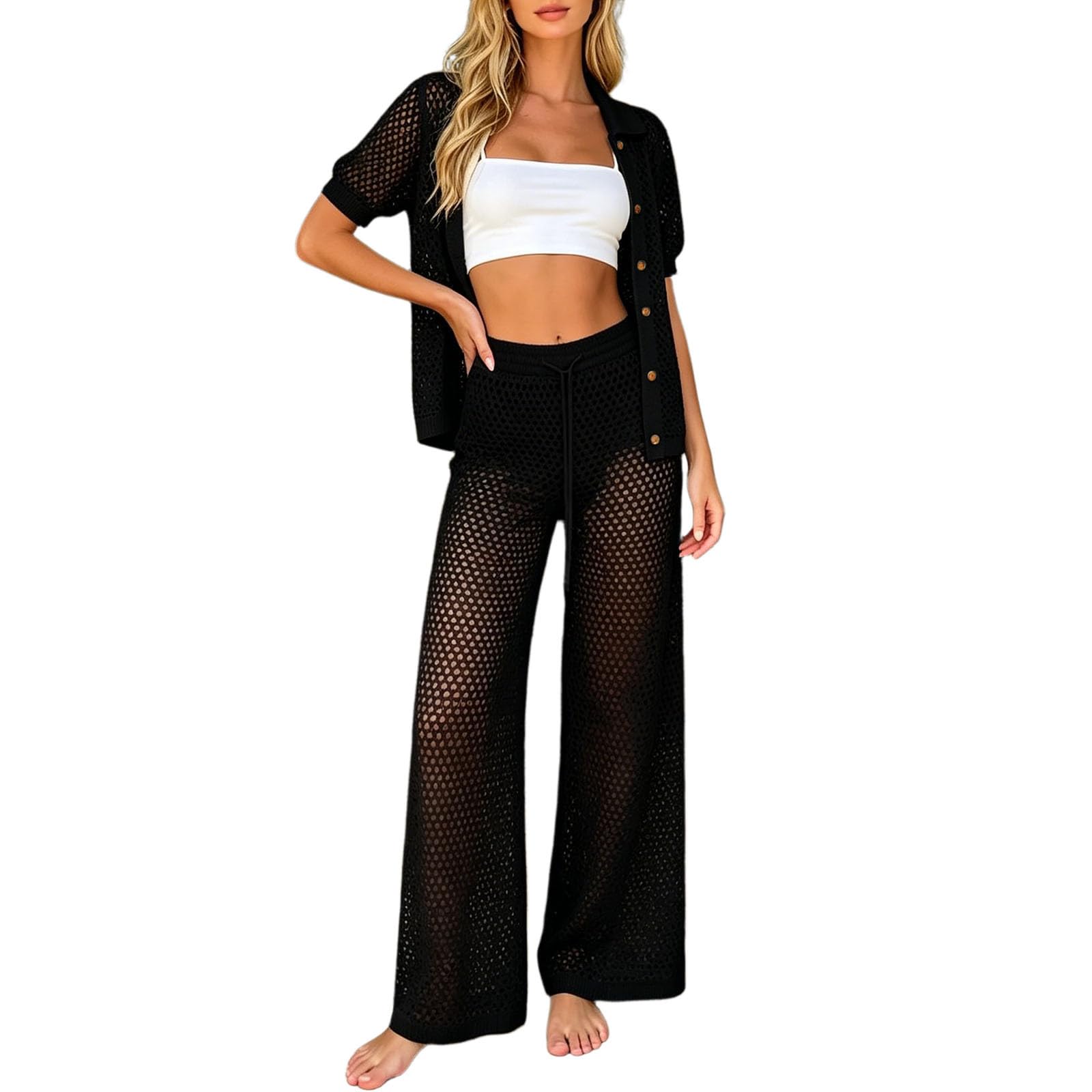 Vestito estivo da donna, tunica da spiaggia, 2 pezzi, all'uncinetto, costume da bagno traforato, top con bottoni, leggero, traspirante, pantaloni larghi urbano, elegante da spiaggia
