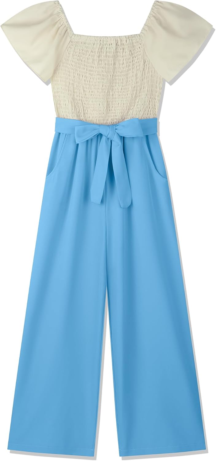 Gaupafmb Girls' Jumpsuits & Rompers Wide Leg Jumpsuit with Belt Elastic Square Neck Cap Sleeve Girls Romper Size 7-14