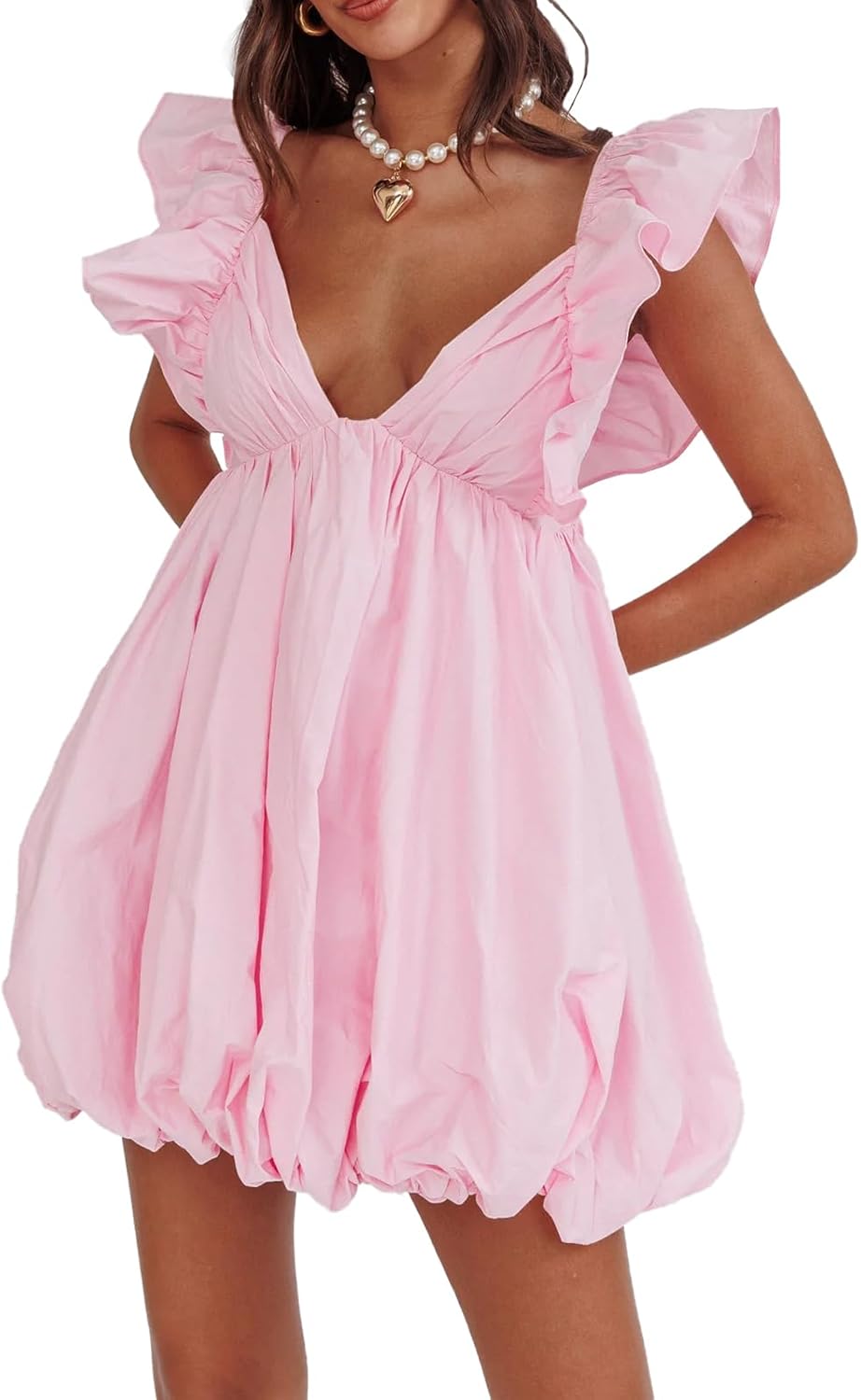 hibshaby Summer Mini Dress Deep V-Neck Babydoll Dress Bubble Dress Backless Lace Up Sexy Short Dress - Image 5