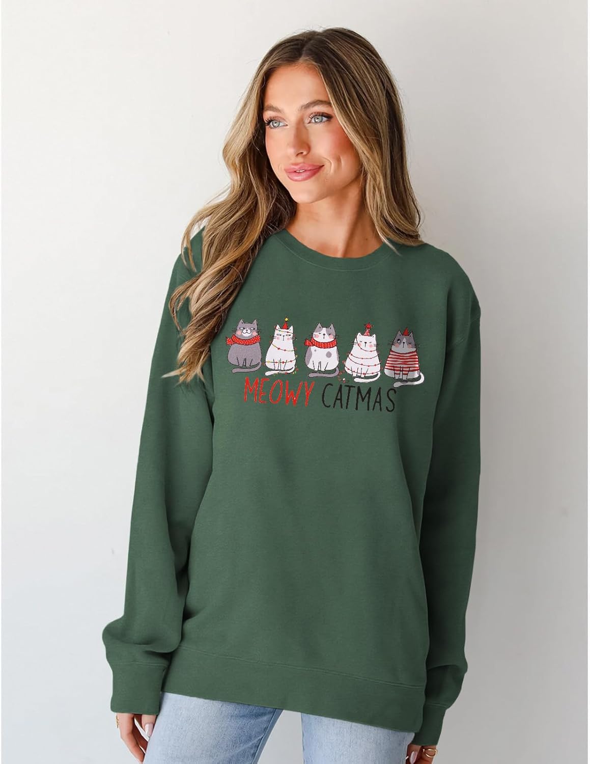 Women Christmas Meowy Catmas Sweatshirt Cute Xmas Cats Graphic Crewneck Sweater Long Sleeve Oversized Pullover Tops - Image 3