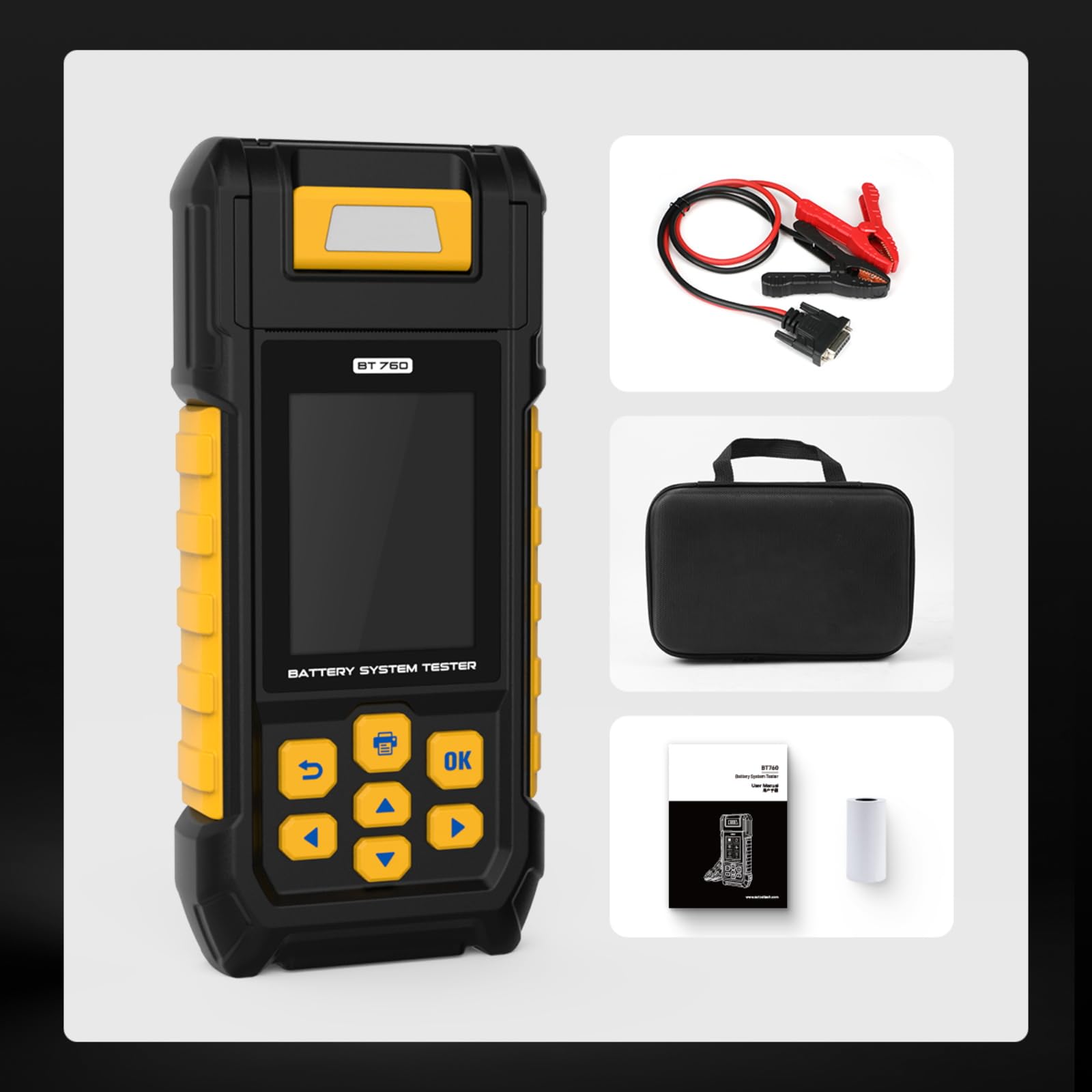 Tester batteria BT760 analizzatore batteria 30-2000 CCA test batteria/carica/carica per veicoli da 8-32 V, furgoni HD, camion, moto, stampante integrata con 3 rotoli di carta per stampante 14 lingue