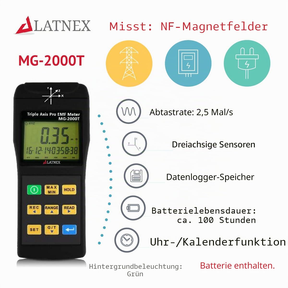 EMI Magnetfeldgauss-Messgerät MG-2000T Dreifachachachse, professionelle Verwendung mit Datalogger, EMI von MRI-Maschinen, industriellen und medizinischen Geräten, Stromleitungen und -geräten