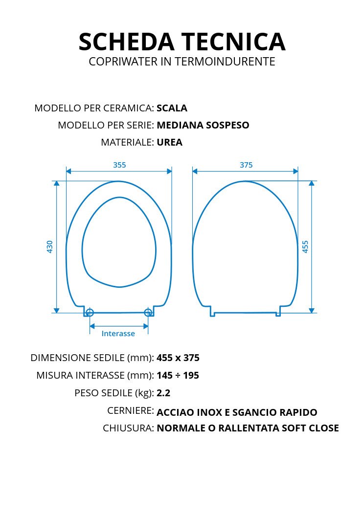 Copriwater per SCALA MEDIANA SOSPESO TERMOINDURENTE BIANCO cerniera inox normale o rallentata soft close