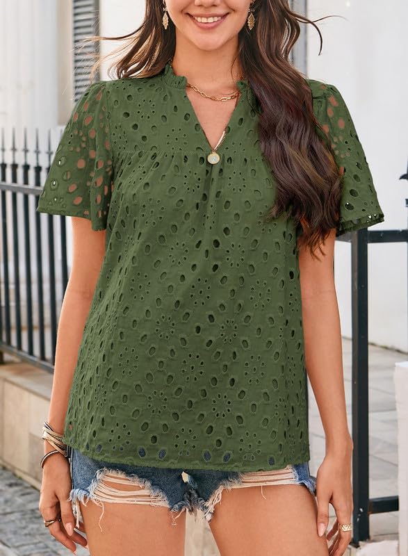 Womens Summer Tops V-Neck Short Sleeve Shirts Dressy Casual Babydoll Blouses Embroidered Eyelet Flowy Boho Clothing - Image 2