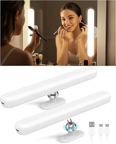 Juego de 2 luces inalámbricas de maquillaje para espejo, luces de tocador recargables de 1600 mAh, luz LED magnética para espejo, funciona con