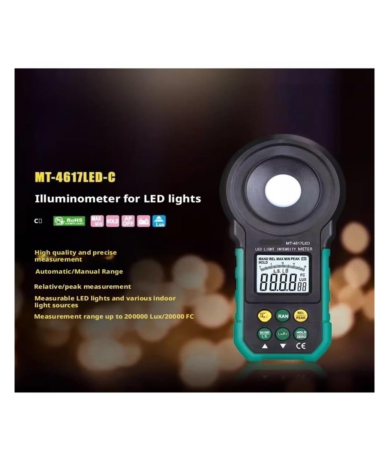 Światłomierz, MT-4617LED-C Cyfrowy iluminometr, miernik światła, tester strumienia świetlnego