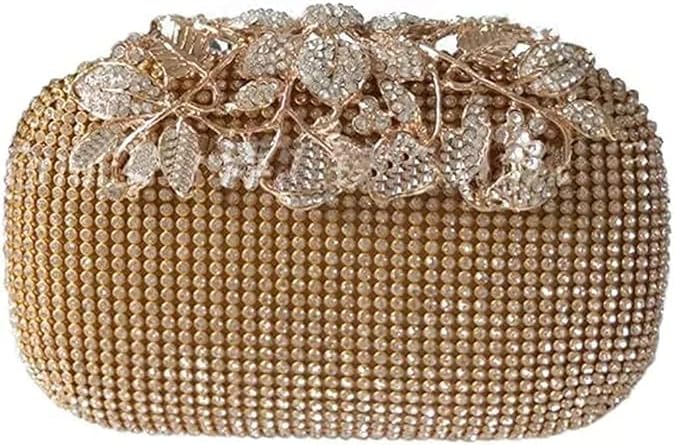Women Handicraft Beautiful Diamond Crystal Flower Box Clutch Bag Purse for Bridal, Casual, Wedding (Diamond Gold)
