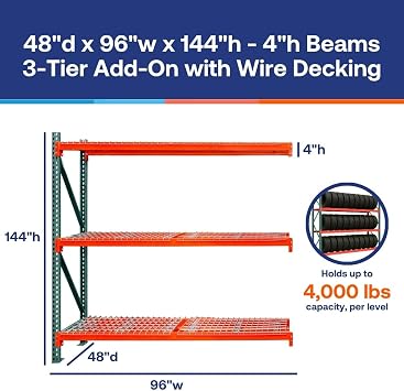Shelving Inc. 48 d x 96 w x 144 h SD 3-Tier Teardrop Pallet Rack Add-On Units, Wire Decking, 4 h Beams, Weight Capacity 4000lbs Per Level, Evenly Distributed