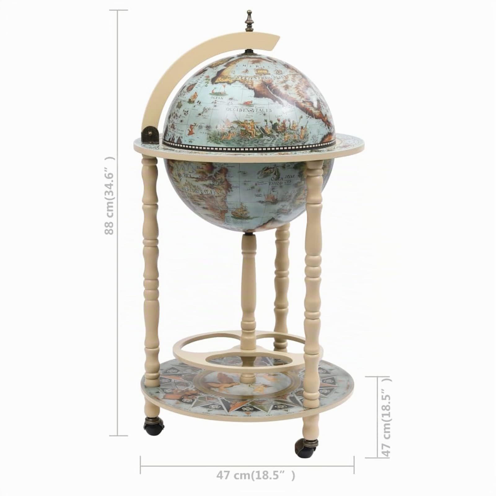 Cantinetta a Globo da Bar, Supporto per Bottiglie e Bicchieri con Ruote, Diametro 36 cm, in Legno Massello di Eucalipto Blu e Bianco, per Casa e Ufficio