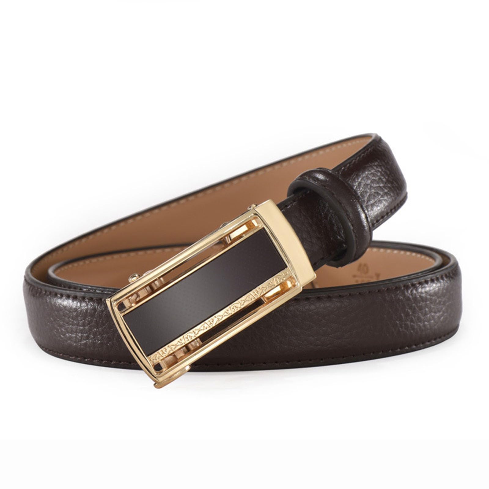 Wrjahcg Unisex Brown Ratchet Womens Belts Fashion, 2.4Cm Adjustable Thin Leather Belt With Square Alloy Automatic Buckle,,100Cm/39.4''