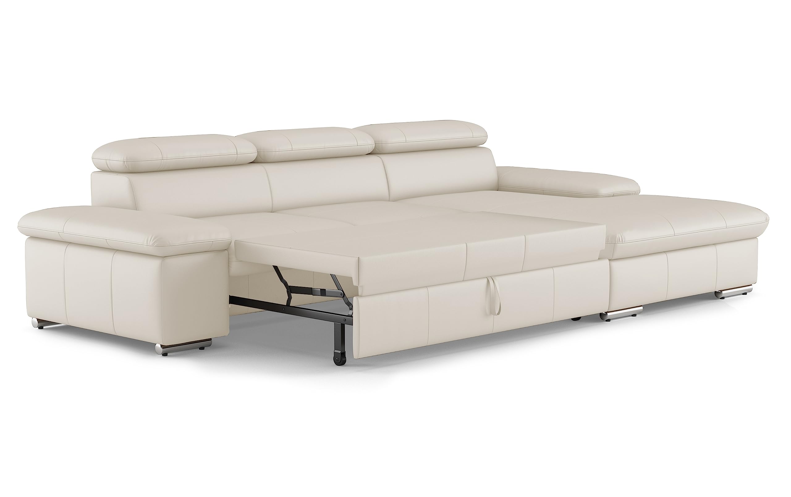 CAVADORE Leder-Schlafsofa Valerie mit XL-Longchair / Eckcouch mit Schlaffunktion, Kopfteilverstellung + großem Longchair / 286 x 73 x 174 / Echtleder Weiß