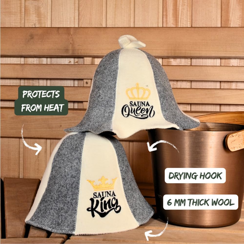 Sauna Hat 'Sauna King' White - 100% Organic Wool Felt Hats for Russian Banya - Protect Your Head from Heat - English Sauna eBook Guide Included - with Embroidery