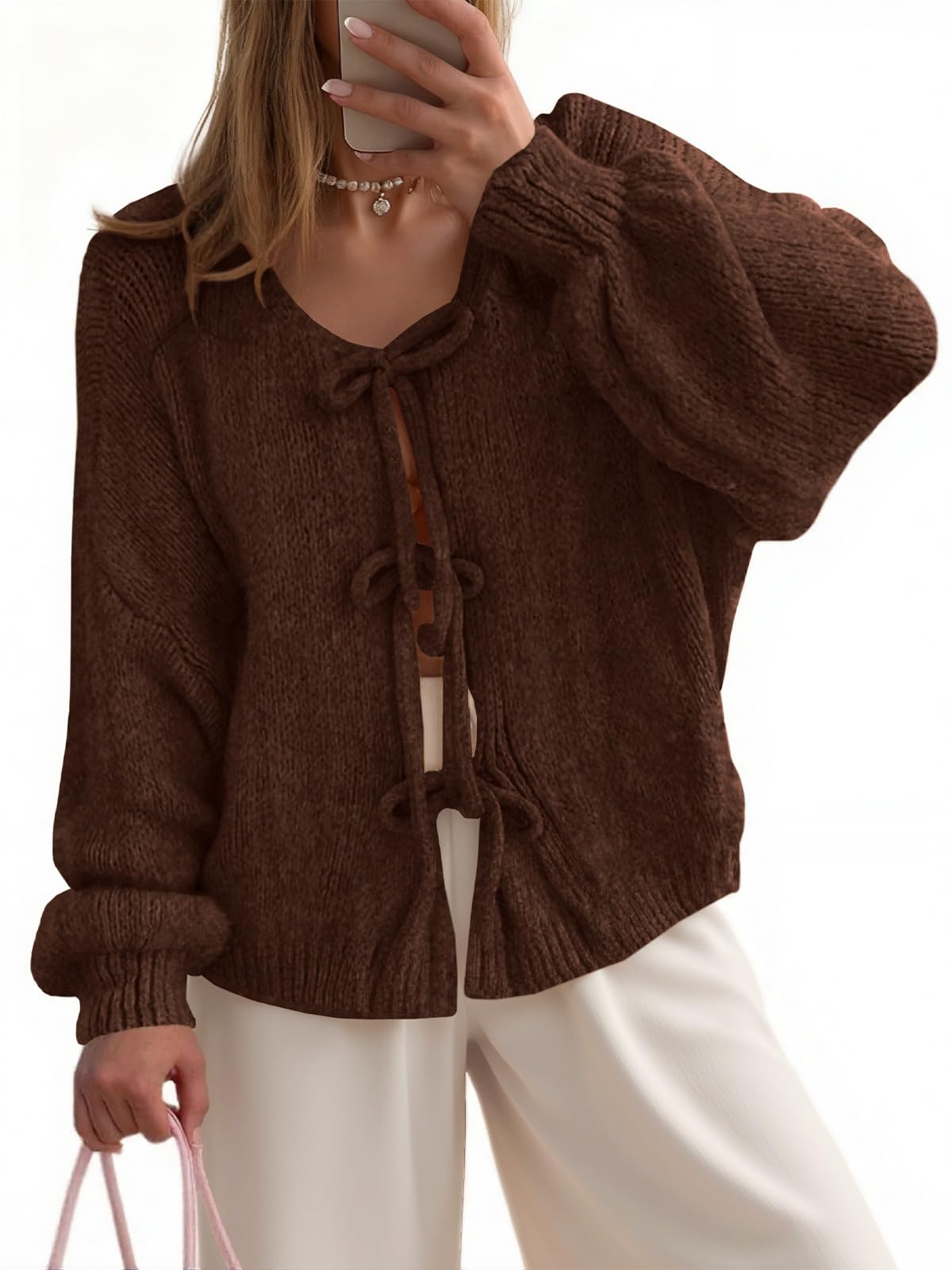 Womens Bow Tie Front Cardigan Sweaters Oversized Fall Open Front Cardigans Cute Loose Knit Tops-image-45