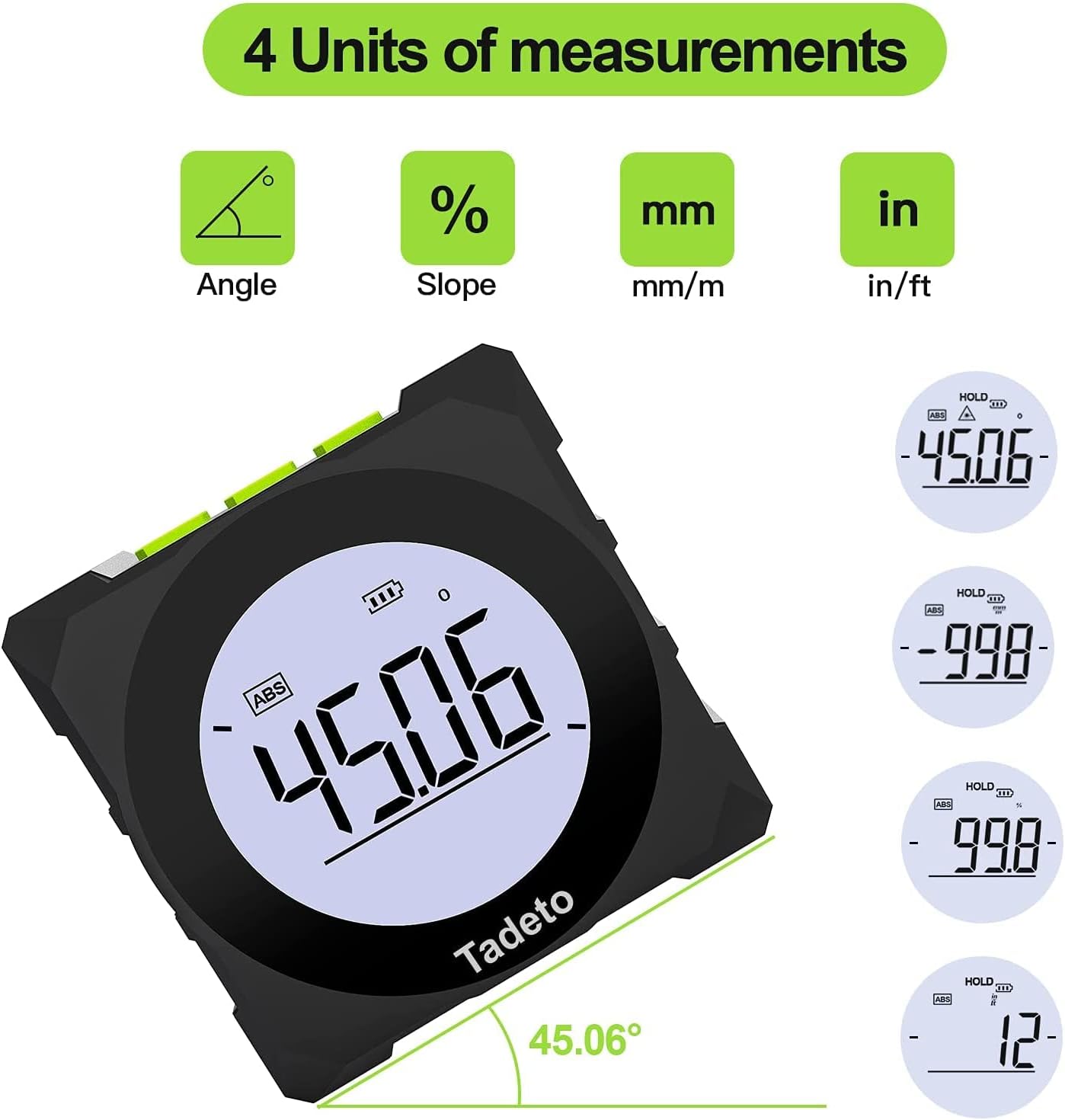 Digital Angle Finder, Tadeto Digital Level Inclinometer Protractor Laser Level 3 in 1 Magnetic IP54 Waterproof Angle Gauge with Large LCD Screen Backlight Type-C Fast Charging