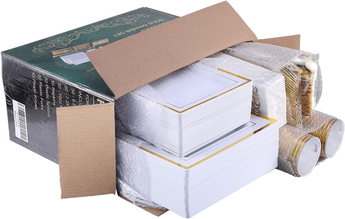 FOCUSLINE 350 Ct Disposable Dinnerware Set for 50 Guests -Heavy Duty Square Plastic Plates with Gold Rim, Includes 50 Dinner & Salad Plates, Cups, Napkins, Cutlery Set - Image 6