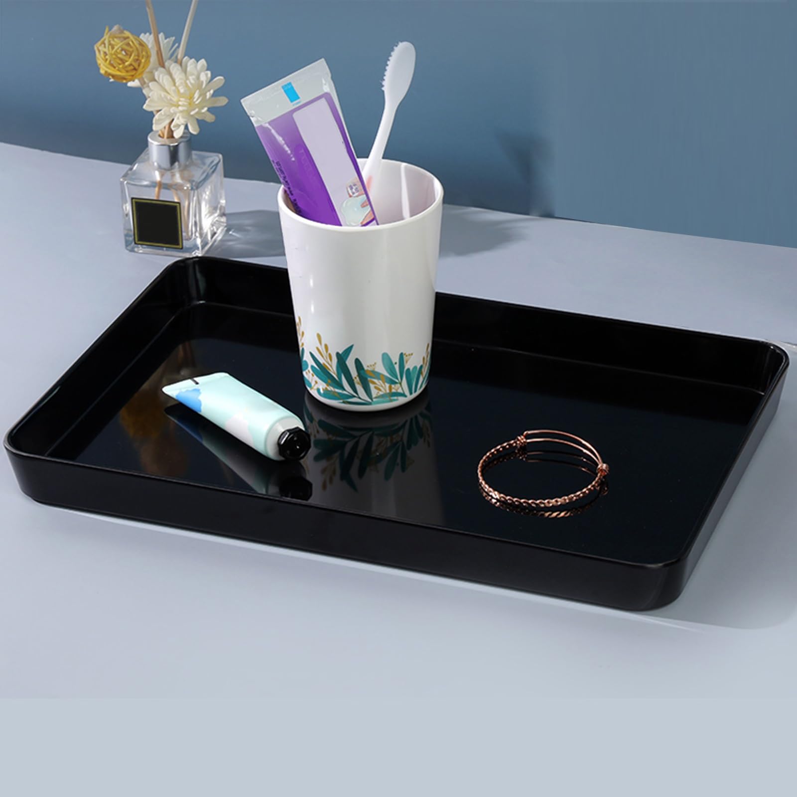 Paquete de 2 bandejas de plástico reutilizables negras para comedor y bebidas, elegante bandeja de servicio de restaurante, 39 x 27 cm, perfecta para eventos y catering