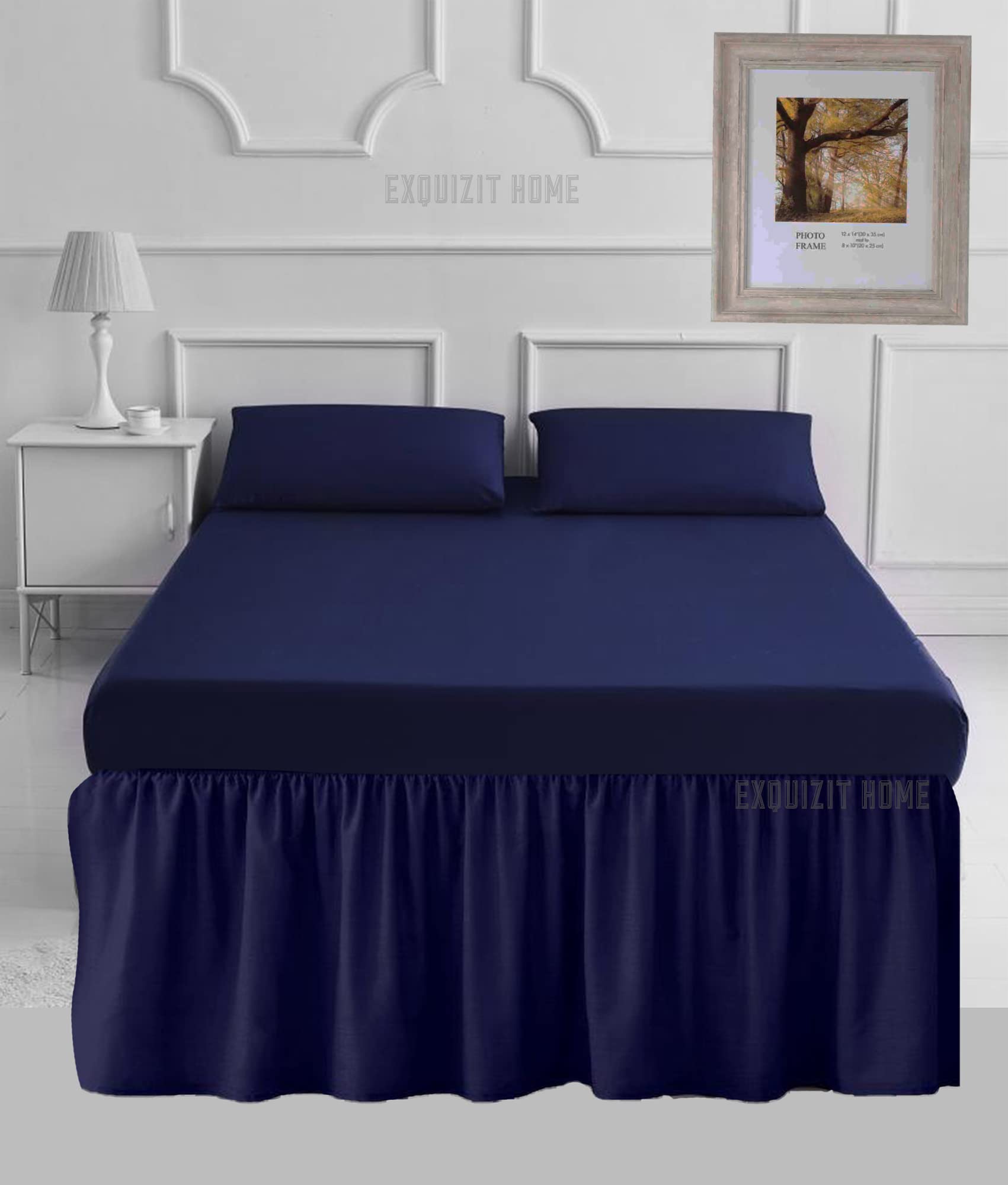 EXQUIZIT HOME® 16" Extra Deep Valance Sheet – 40cm Frilled Drop Polycotton Percale Base Valance, Plain Dyed Easy Care Bed Skirt (Single, Navy)
