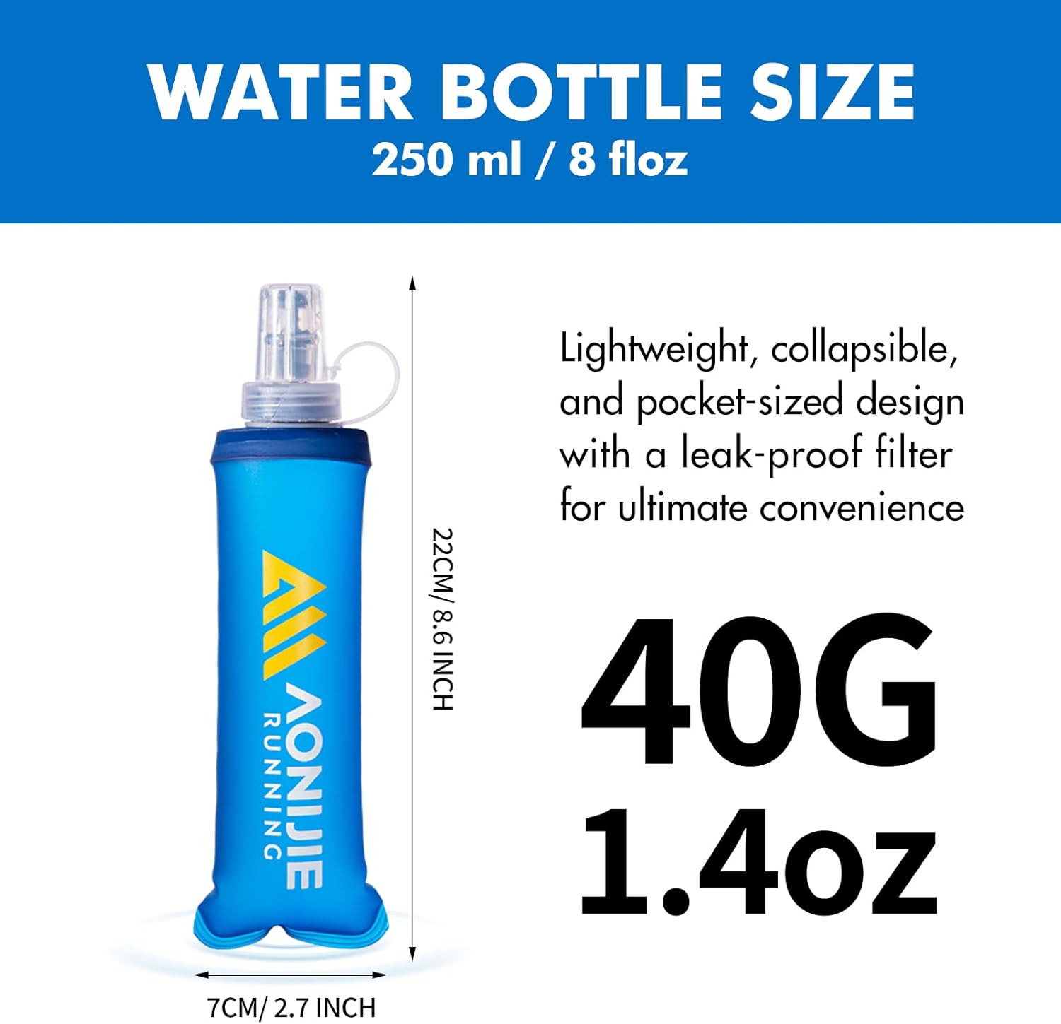 AONIJIE Running Water Bottle 2PCS 250ml/8.5oz Soft Flask TPU Collapsible Water Bottles, BPA-Free Foldable Leak-Proof Bottle for Hydration Pack, Running Vest, Hiking & Cycling - Image 2